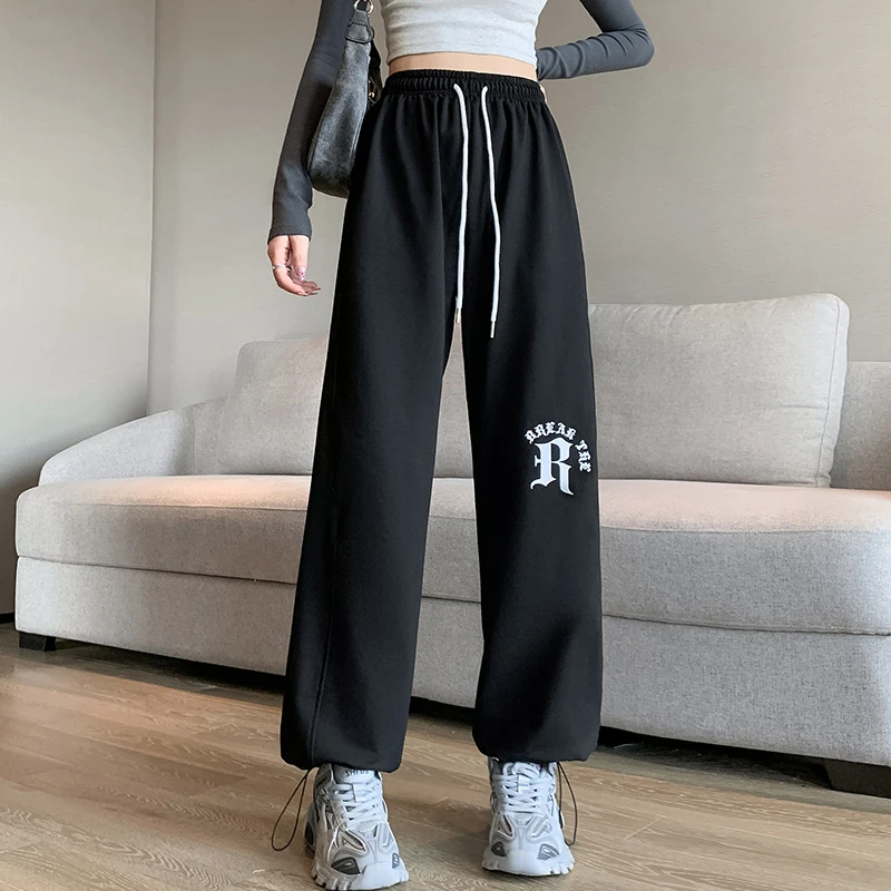 

Women's Wide-leg Pants Full Length High-waisted Loose Straight Leg Slim Black Casual Sports Autumn and Winter Female Daily Pants