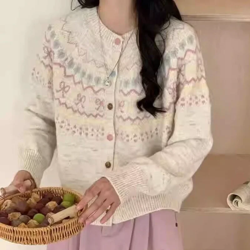 

Корейский стиль, цветной блок, жаккардовый вязаный кардиган, женский свободный короткий повседневный свитер, осень-зима, новый хлопковый вязаный свитер, кардиган
