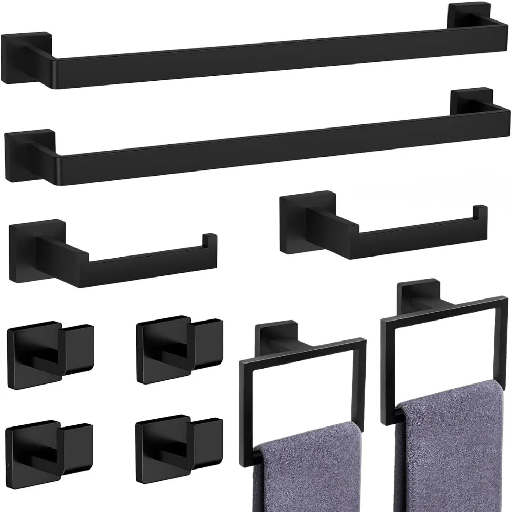 10-Pieces Matte Black Bathroom Accessories Set, Stainless Steel Bathroom Hardware Set,  24 Inch Bath Towel Bar Set.