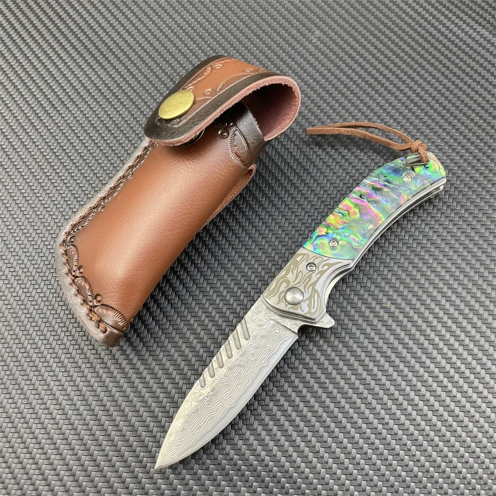 

Damascus Engraved Abalone Folding Pocket Knife Sheath Outdoor Survival Camping Knives Hunting Tactical EDC Tool for Man's Gift