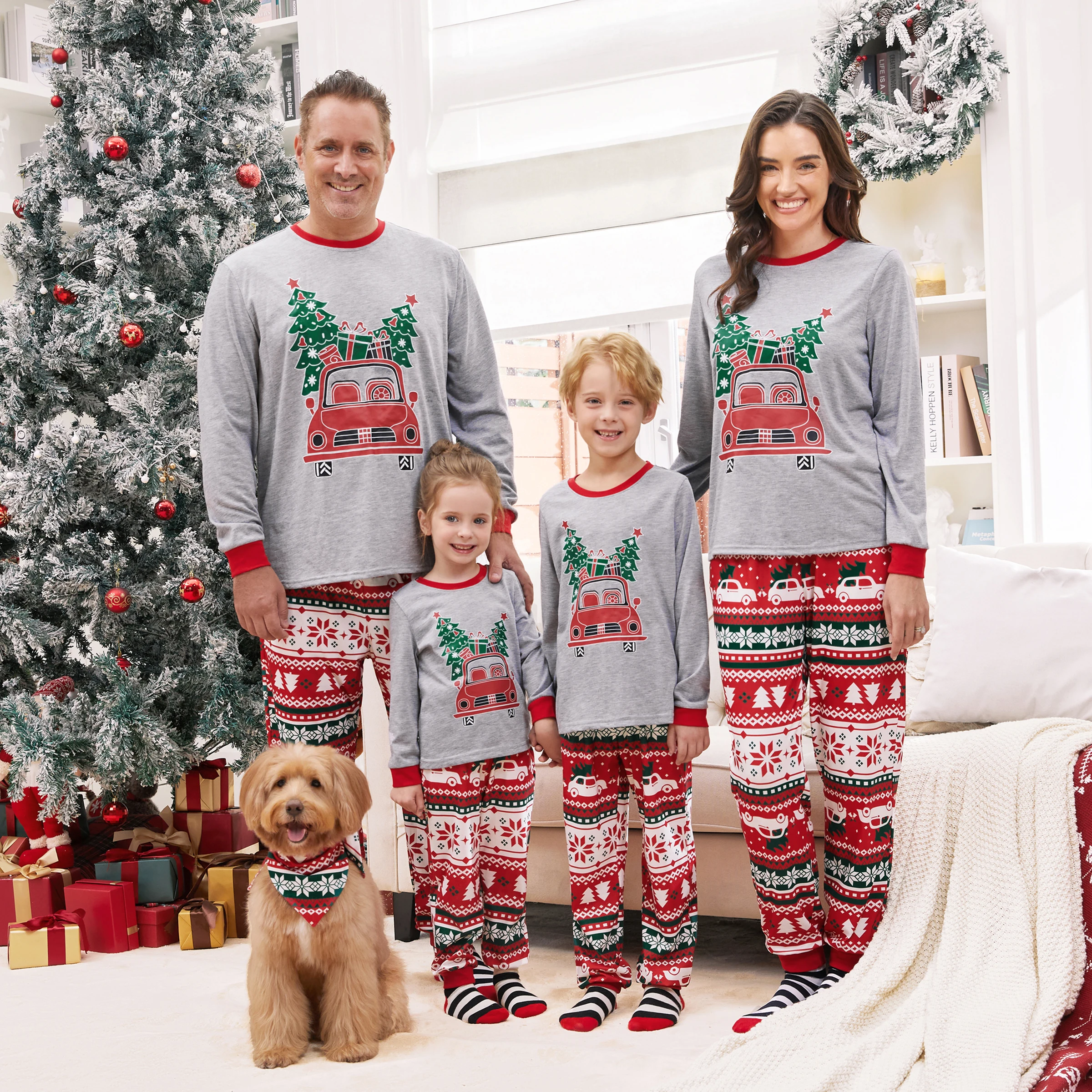 PatPat Christmas Pajamas Matching Family Outfits Christmas Tree Delivery Truck Pattern PJs Sets