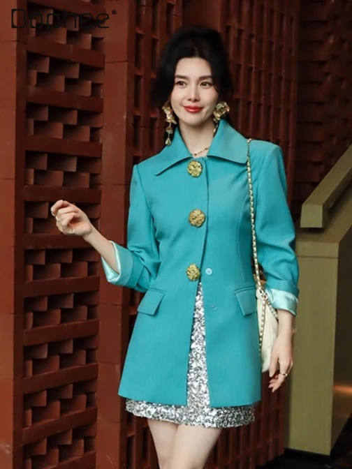 

2025 French High-end Green Square Collar Bright Silk Long-sleeved Big Gold Buckle Blazers Office Lady Fashion Jackets for Women