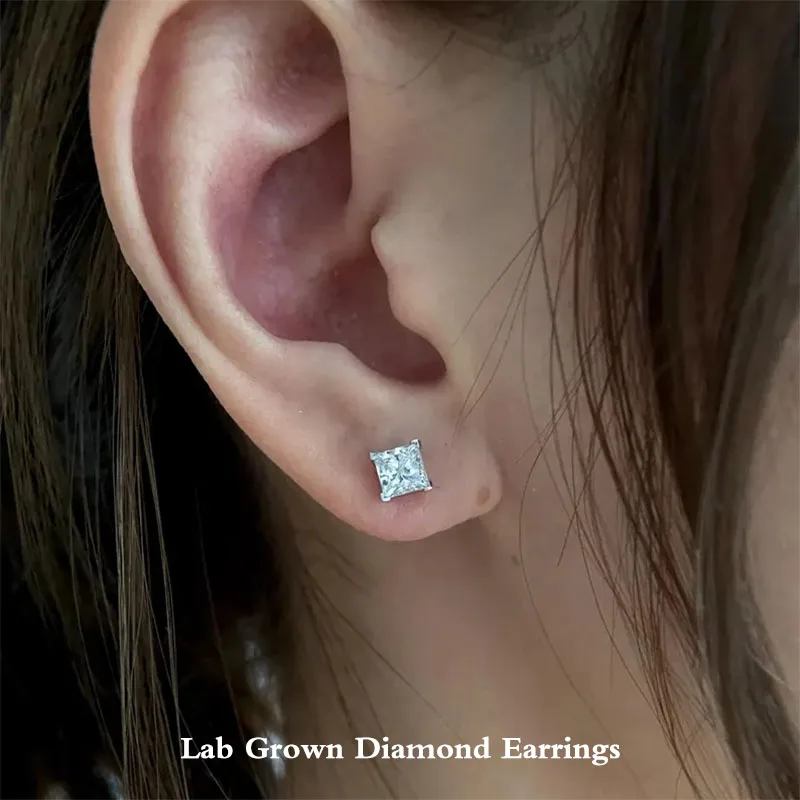 

2.0 TCW Princess Cut DEF-VS VVVS Diamond Stud Earrings 14K Gold Earrings CVD HPHT Lab Diamond Princess Four Prong Earrings