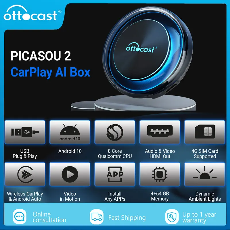 Ottocast Picasou 2 Car TV AI Box Wireless CarPlay Android Auto Adapter Android 10.0 QCM665 Eurasian version