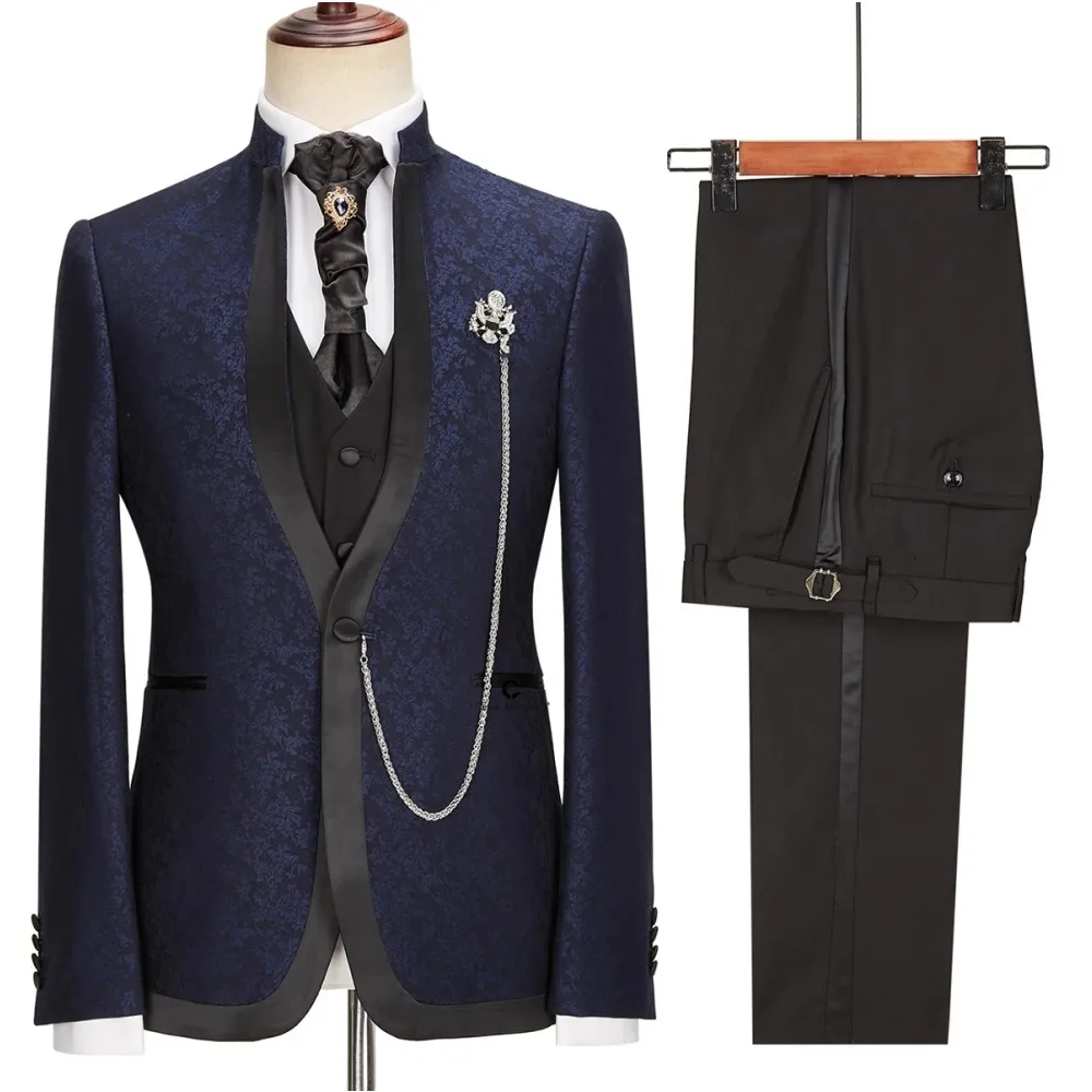 

Modern Men's Suits 3 Pieces Jacquard Blazer Black Vest Pants One Button Stand Collar Wedding Formal Custom Made Costume Homme