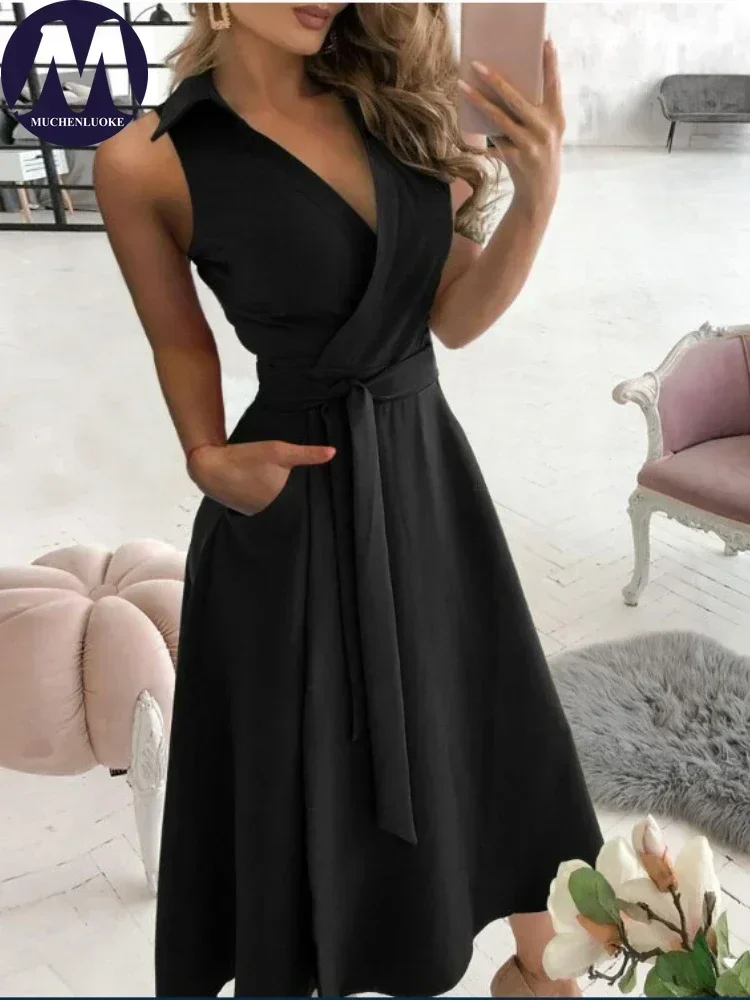 فستان نسائي أنيق وجميل بدون أكمام على شكل حرف v مثير ملفوف للأرداف فساتين سهرة للحفلات موضة صيف جديد 2025