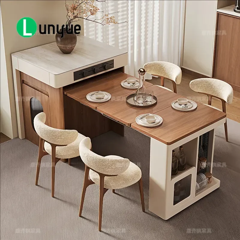 Medieval Walnut Grain Rock Slab Island Dining Table Foldable Storage Console for Small Apartment Guest Room Space Saving