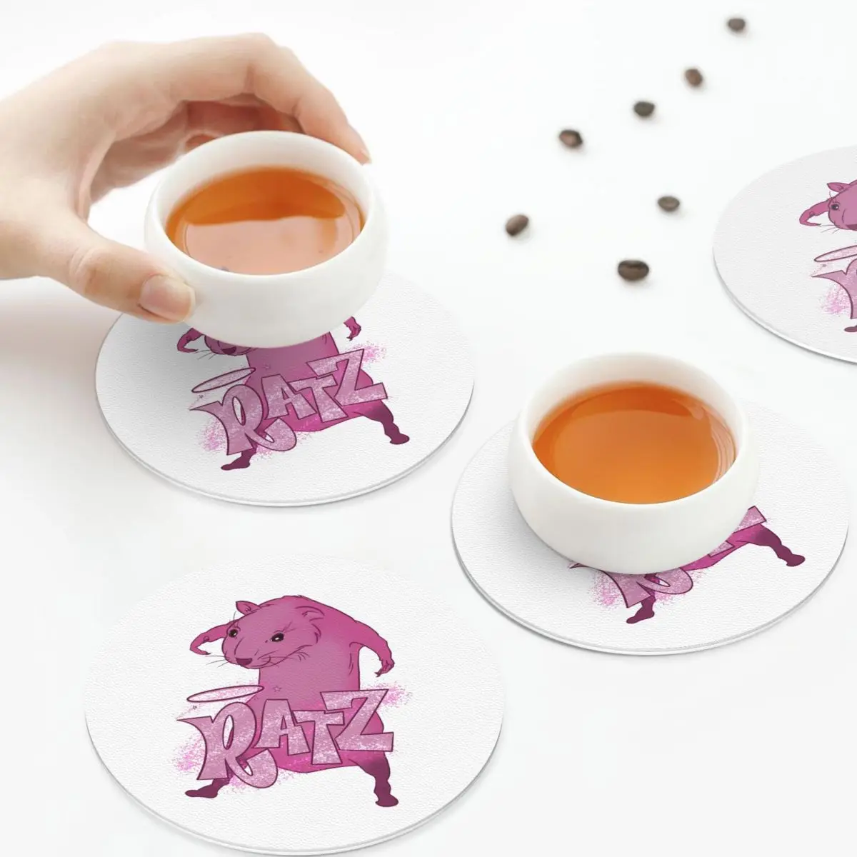 RATZs PINK MOUSE Merch Coasters PVC Leather Placemats Waterproof Coffee Mats for Decor Home Kitchen Dining Pads Set of 6