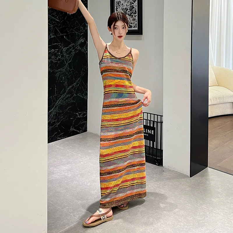 

High version cotton hemp dress female 23 summer striped satin dyed thin slip dress female