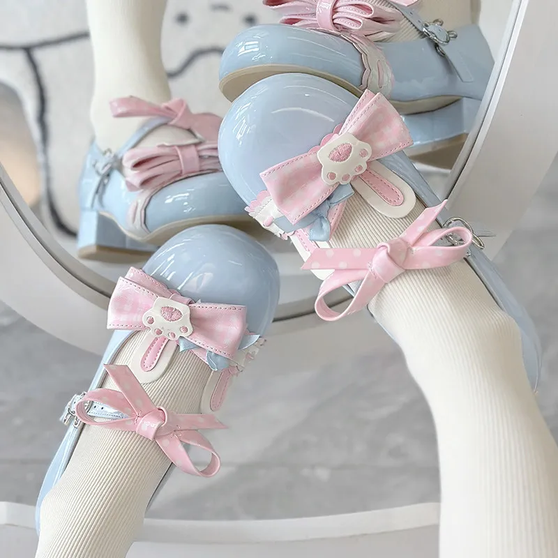 kawaii-bunny-paw-lolita-mary-jane-shoes-plaid-bow-block-mid-heel-single-strap-cute-women-student-casual-pumps