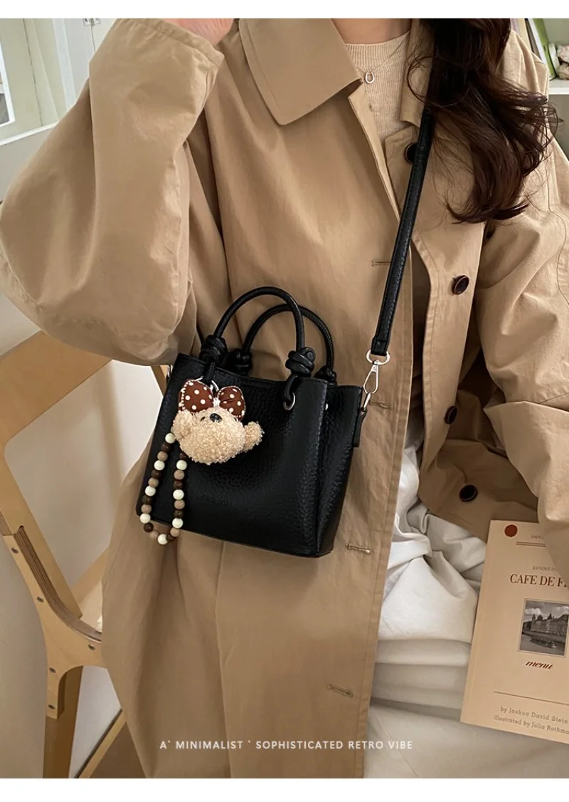 Light Beige Mini Bucket Bag with Knotted Handle, Women's Casual Faux Leather Crossbody Purse with Detachable Strap Clutch Bag view 3