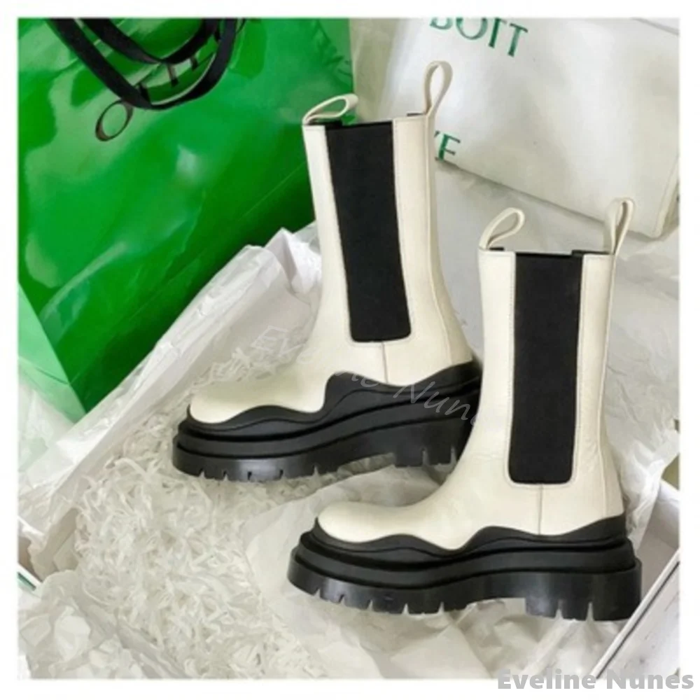 

Couples Leather Mid Calf Boots Round Toe Thick-soled Slip On Mixed Colors Elastic Boots 2025 Spring New Fashion Ankle Boots