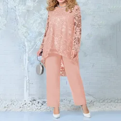 Donne Elegance Fashion Outfit girocollo manica lunga pizzo fiore ricamo camicetta top tubo dritto pantaloni larghi 2 pezzi Set