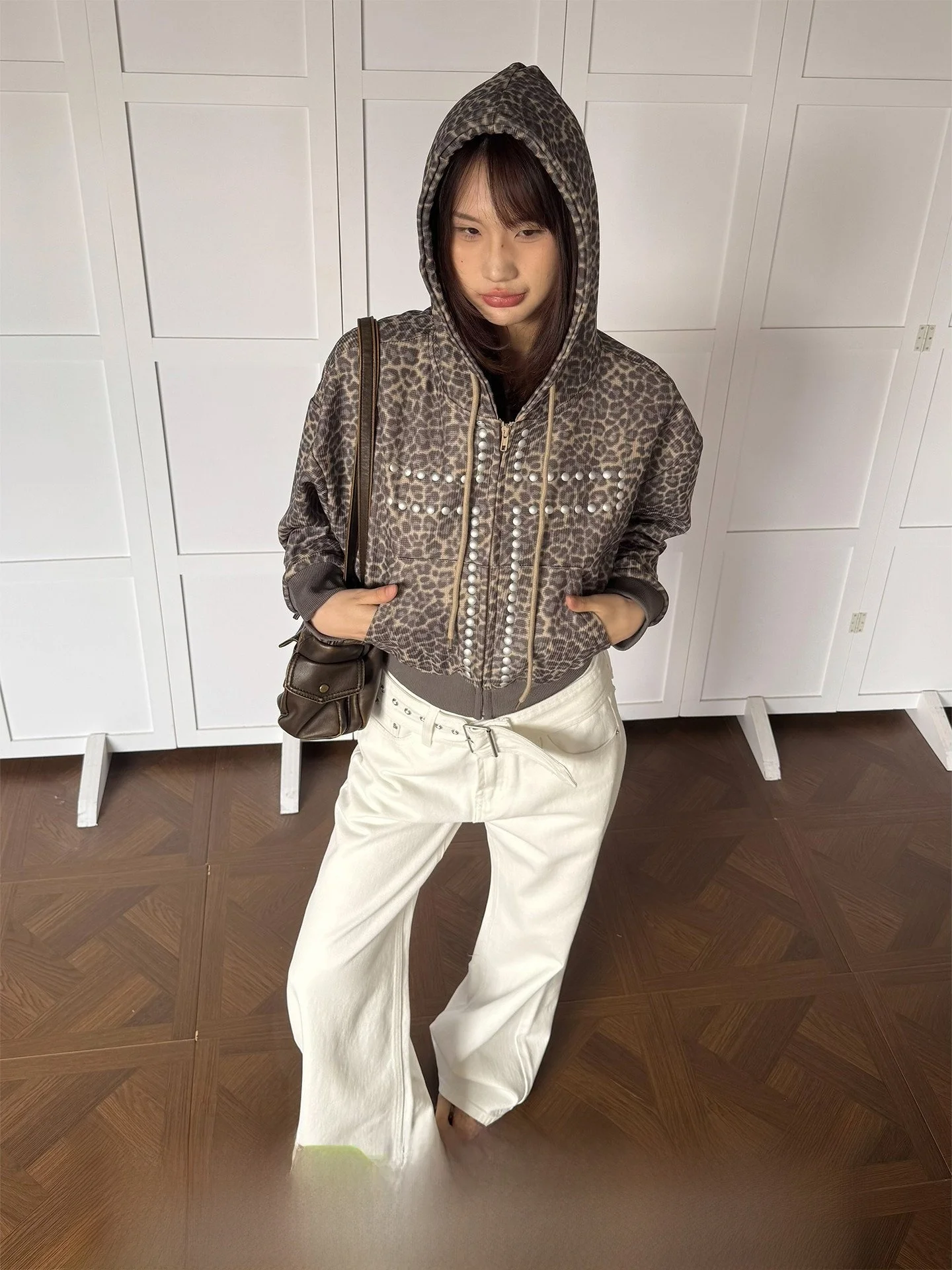 

Don Cry Leopard Print Hoodie Short Casual Women's Jacket Spring Autumn American Style Wearable Rivet Zipper Design Polyester ...
