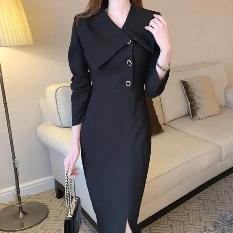 Neploe 2024 Korean Chic Spring Elegant Turn Down Collar Buckle Waist Solid Long Sleeve Wrap Hip Chiffon Dress Women Vestido