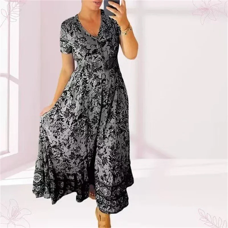 2024 Elegant Women Flower Print Deep V Neck Dresses Elastic Waist Splice Pleated Hem Dress Female Single-breasted Cardigan Gown