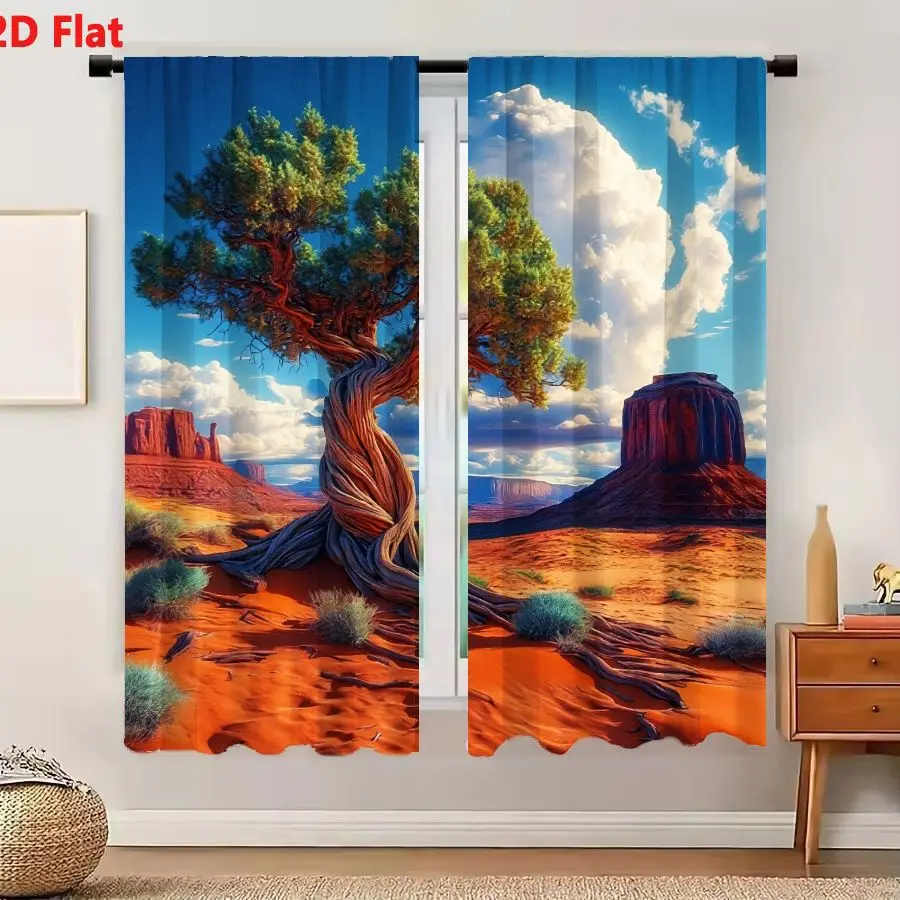 2 cortinas con diseño de paisaje desértico surrealista en 2D, con un árbol en espiral antiguo y formaciones de rocas rojas bajo un cielo azul, para ventana.
