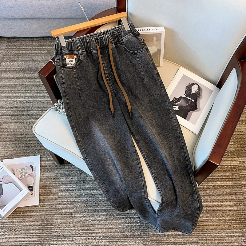 Plus Size 7XL 170kg Women Denim Pants High Elastic Waist Jeans Trousers Pockets Thin Slim Ladies Ankle Length Loose Trousers