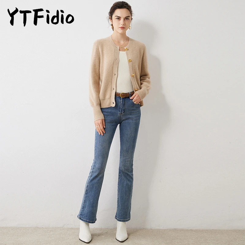 YTFidio 100% Cashmere Women Five Button O-neck Cardigan Causal Coats Solid Warm Knitwear Tops Sweater 29