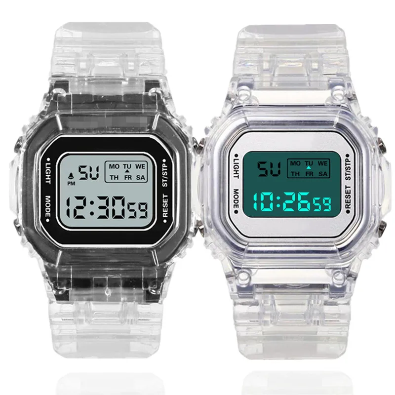 Fashion Transparent LED Digital Watch for Kids Men Women Square Small Dial Luminous Sports Electronic Wristwatch Montre Enfant