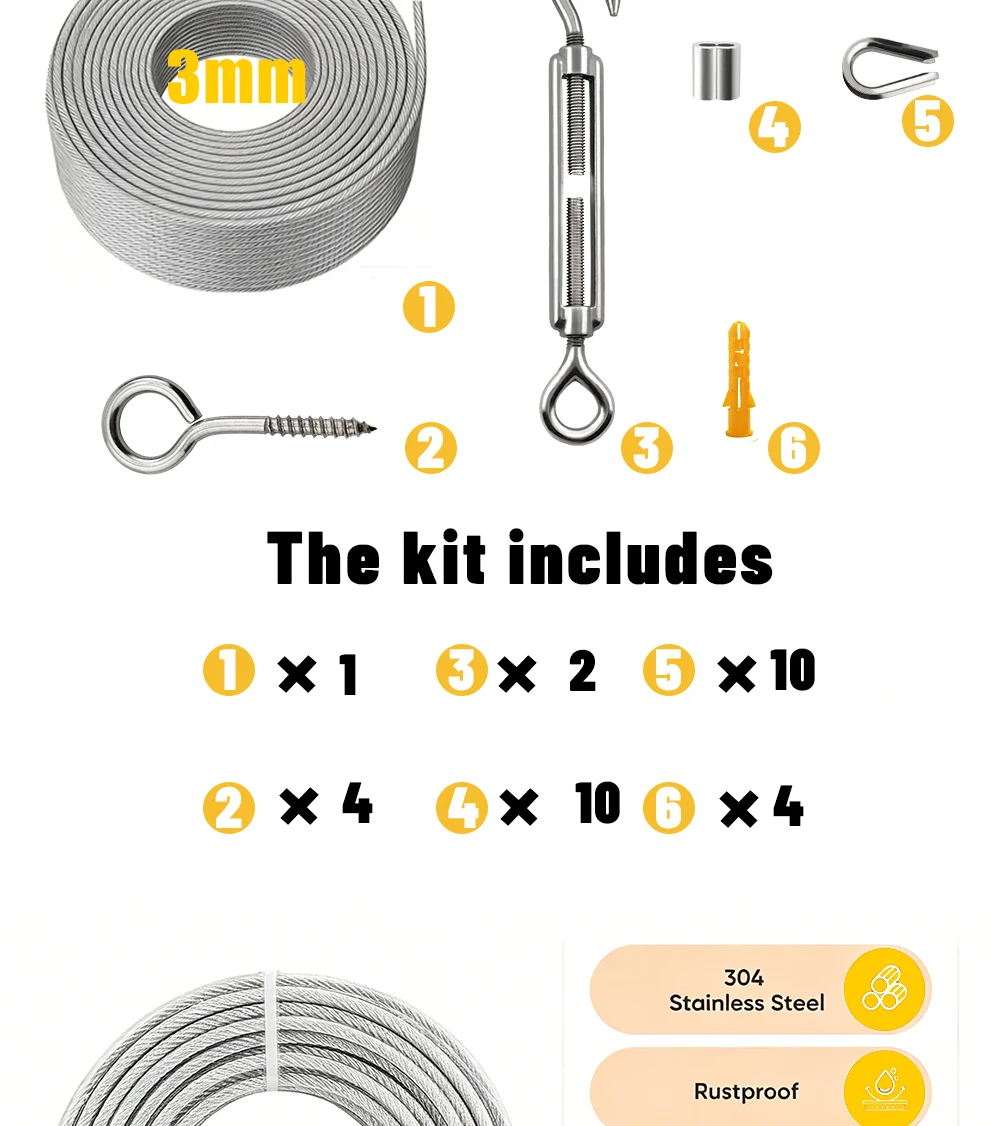 3mm Edelstahl-Drahtseil-Set mit PVC-Beschichtung, Hochleistungskabel für Balkongeländer, Farmzäune, Sonnenschutzvorrichtungen, Wäscheleine, 10-25m – Detail 3