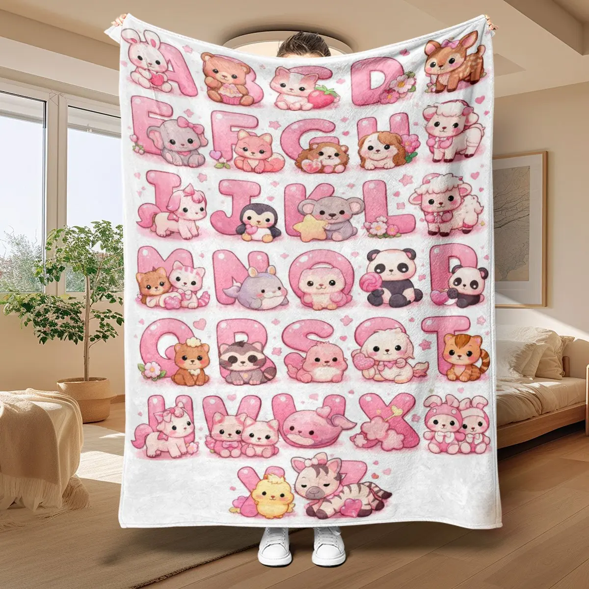Kawaii Alphabet Animal Blanket Throw 150x200cm Pink Cute Nursery Kids Bedding Decor Chunky Letter Blanket