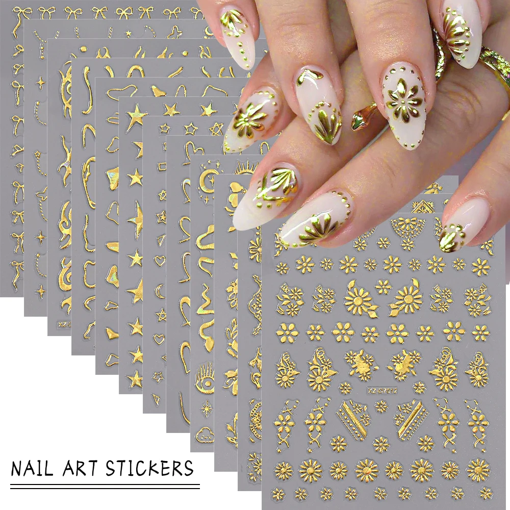 12sheets 3D Laser Gold Fire Flame Heart Lines Nail Art Sticker Self-Adhesive Star Bow Snake Flower mix Nail Decals Nail Supplies