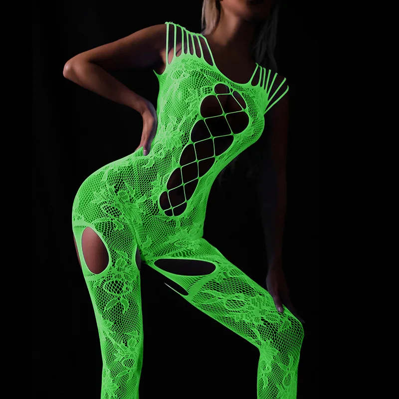 Bodystocking Plus Size Glow In The Dark, Lingerie Jaring Ikan yang Dapat Dilepas, Bahan Mesh Transparan, Berlubang, Pakaian Tidur Sensual