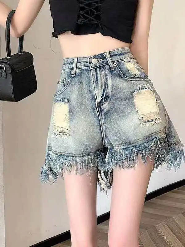 

Summer High Waist Fringed Hole Jeans for Women Cleanfit Sle Blue PU Fabric mid Elastici plus Size Jeans for Middle-Aged W...