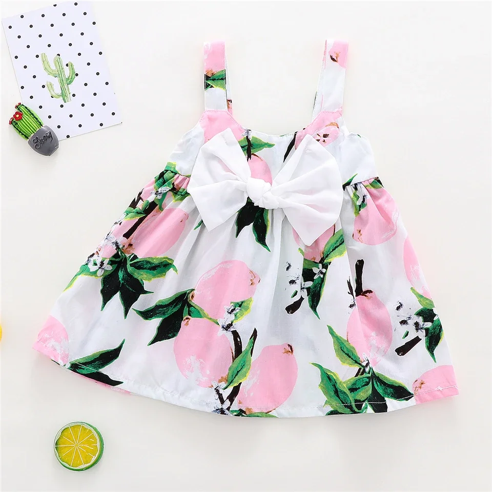 New Cute Printed Sleeveless Newborn Princess Dress Summer Baby Girl Dress Big Bow Baby Girl Birthday Dress Baby Girl Clothes