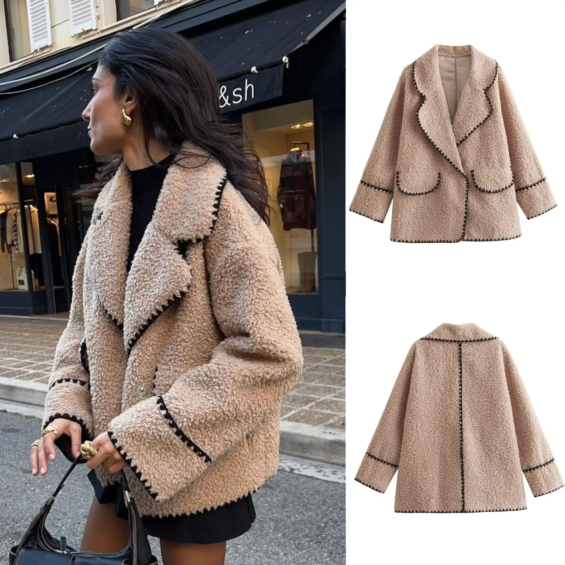 Women's Chic Teddy Bear Fleece Lapel Collar Contrast Trim Single Breasted Long Sleeve Warm Winter Casual Loose Fleece Coat