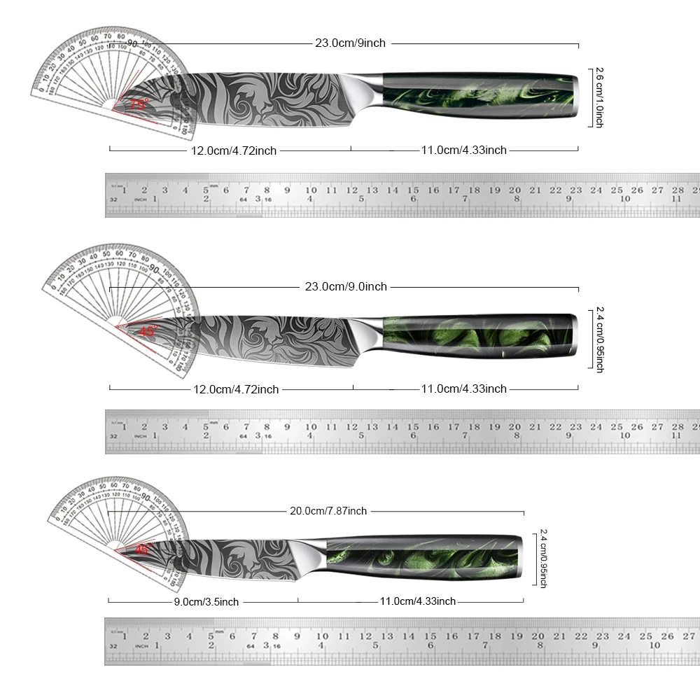 1-3Piece Japanese Kitchen Knife Set Green Resin Handle Laser Damascus Pattern Santoku Knife,Paring Knife,Extremely Sharp Blades