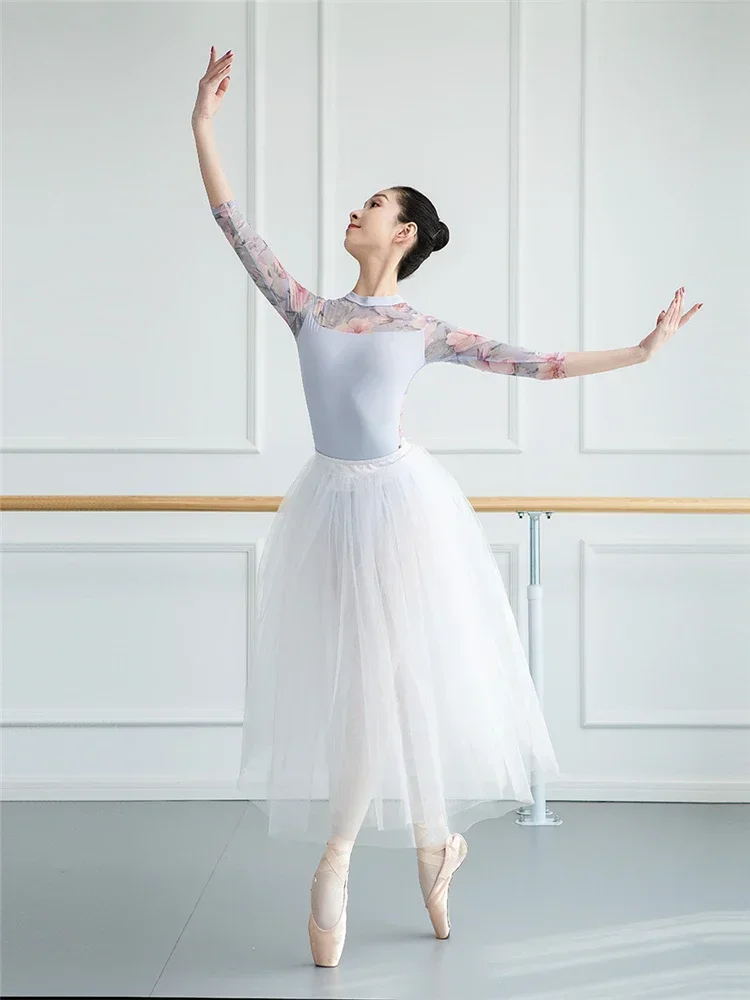 Printed Gymnastic Female Adult Basic Leotard for Girls 3/4 Sleeve Dance Wear Professional Ballet Training Dress