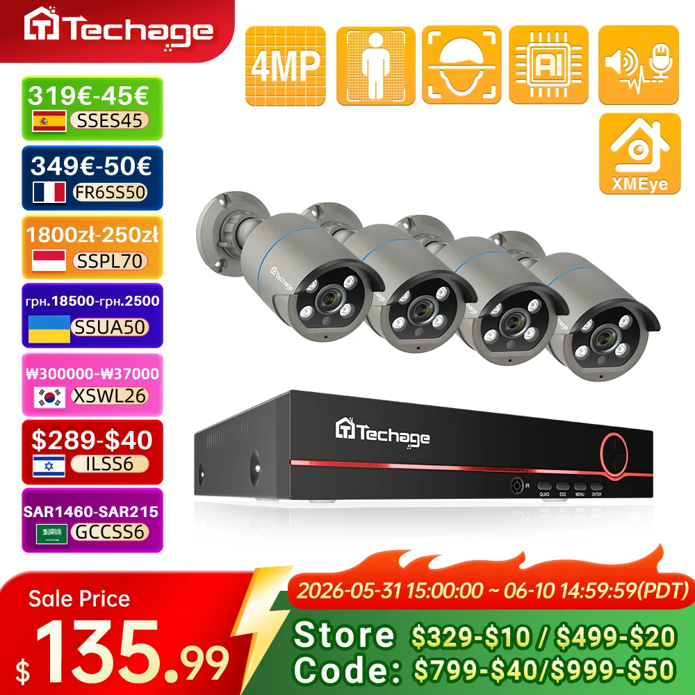 Techage 8CH 4MP POE Security Surveillance Camera System Kit AI Face Detection Audio Record IP Camera H.265 CCTV Video NVR Set