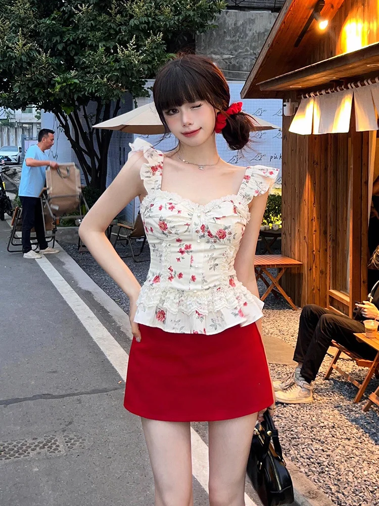 

XZY Ele Lace High Waist A-Line Skirt Set Women's Summer Casual Faion plus Size Floral Print Top with Sweet And Spicy Girl
