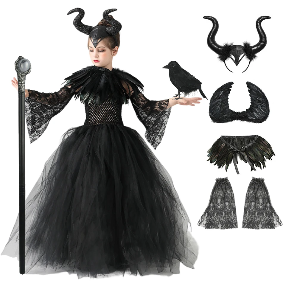 Halloween Costume Maleficent Tutu Dress For Girls Cosplay Evil Queen Black Mesh Princess Dress Kids Crow Wand Demon Witch Gown