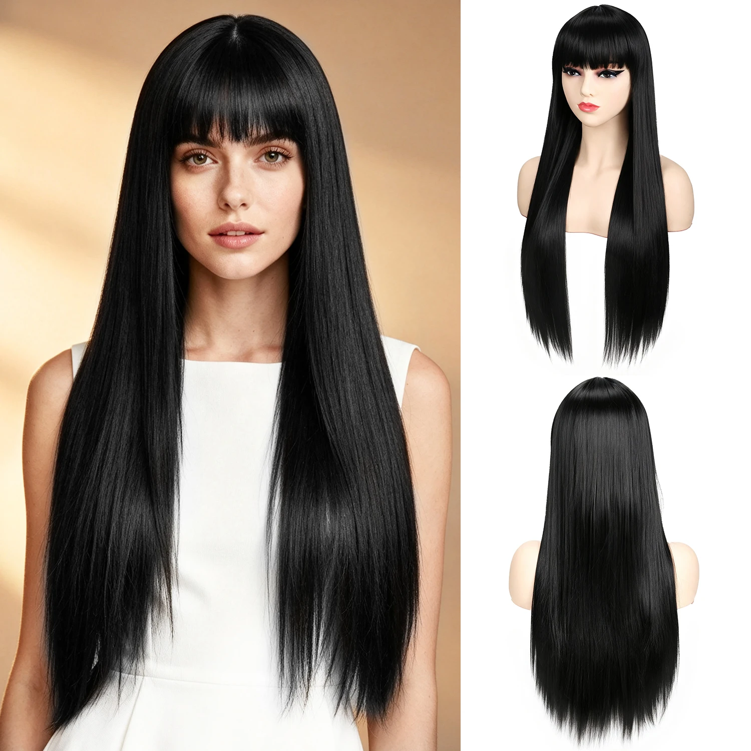 28inch Synthetic Natural Black Wig with Bangs Long Straight Wigs for Women Natural Looking Style Wig for Daily Party Holida
