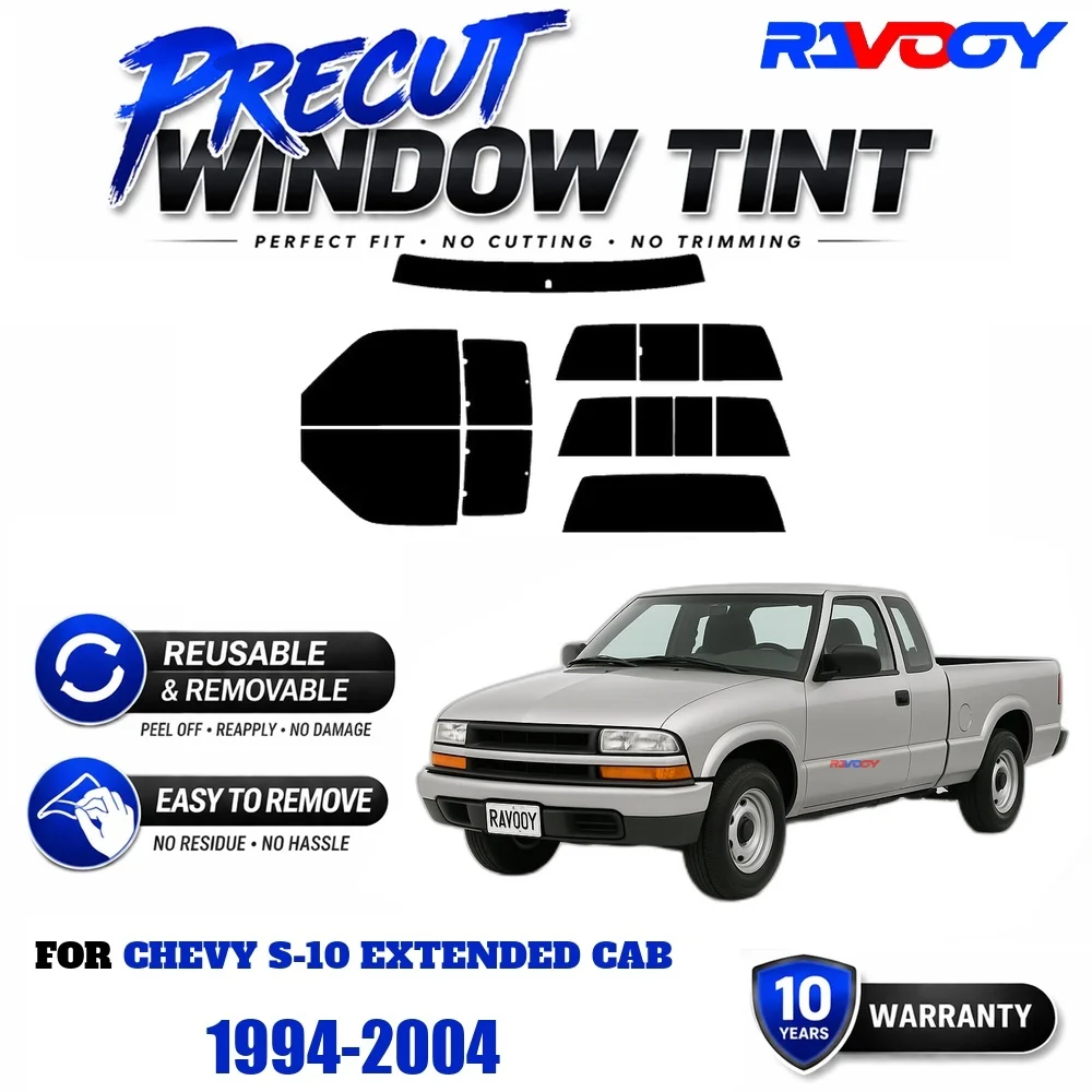 RAVOOY Precut Window Tint, Reusable Removable EPU Film, Custom Fit for Chevy S-10 Extended Cab 1994-2004, UV Heat Protection