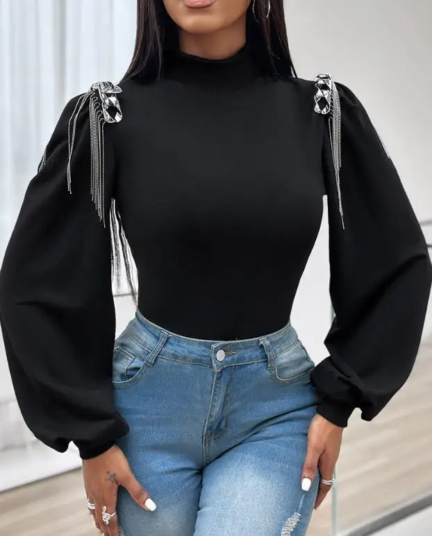 

2023 Autumn/Winter New Tee Shirt Women Tassel Design Chain Decor Lantern Sleeve Top Mock Neck Long Sleeve Pullover Casual Top