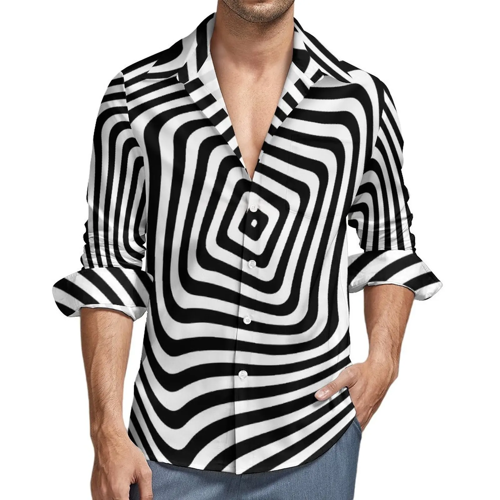 

Black And White Striped Casual Shirts Optical Art Elegant Shirt Autumn Korean Fashion Oversized Blouse Man Long Sleeve Tops