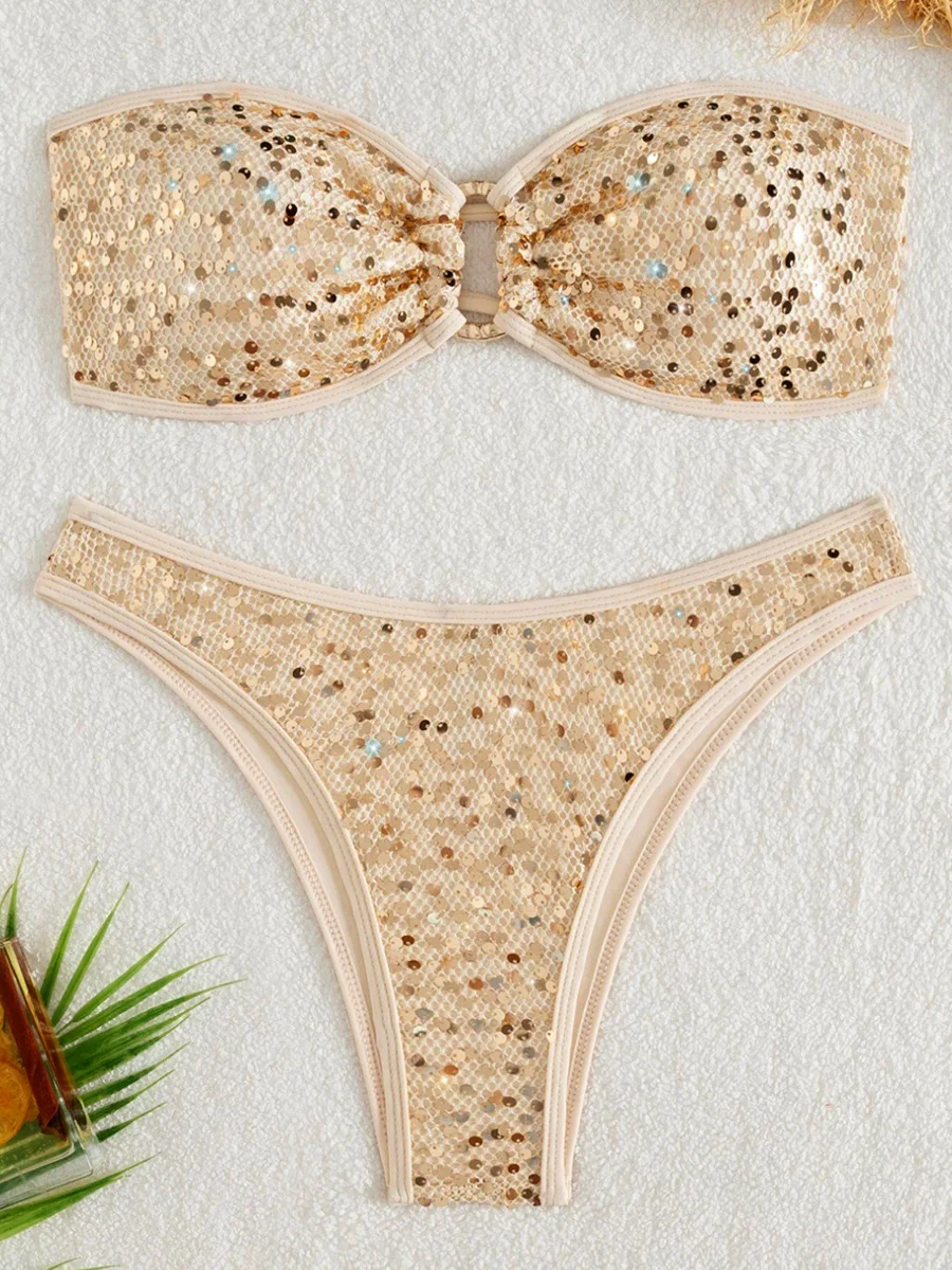 لامعة الترتر شبكة العصابة بيكيني الإناث ملابس السباحة النساء قطعتين مجموعة البكيني البرازيلي ثوب السباحة ملابس السباحة الشاطئ