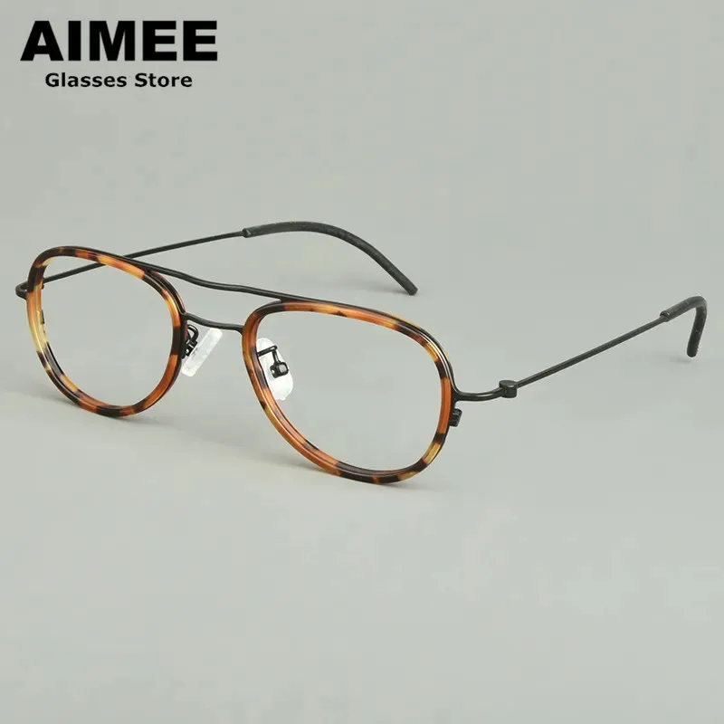 Japanese Handmade Pure Titanium Glasses Frame Men Women Ultralight Acetate Ring Pilot Oval Eyeglasses Optical Spectacles Frames