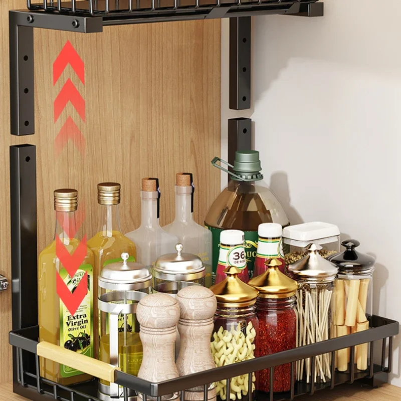 Carbon Steel Pull-Out Shelving for Kitchen Sink, Adjustable Double-Decker Cabinet with Stratified Storage, Drawer Organizer