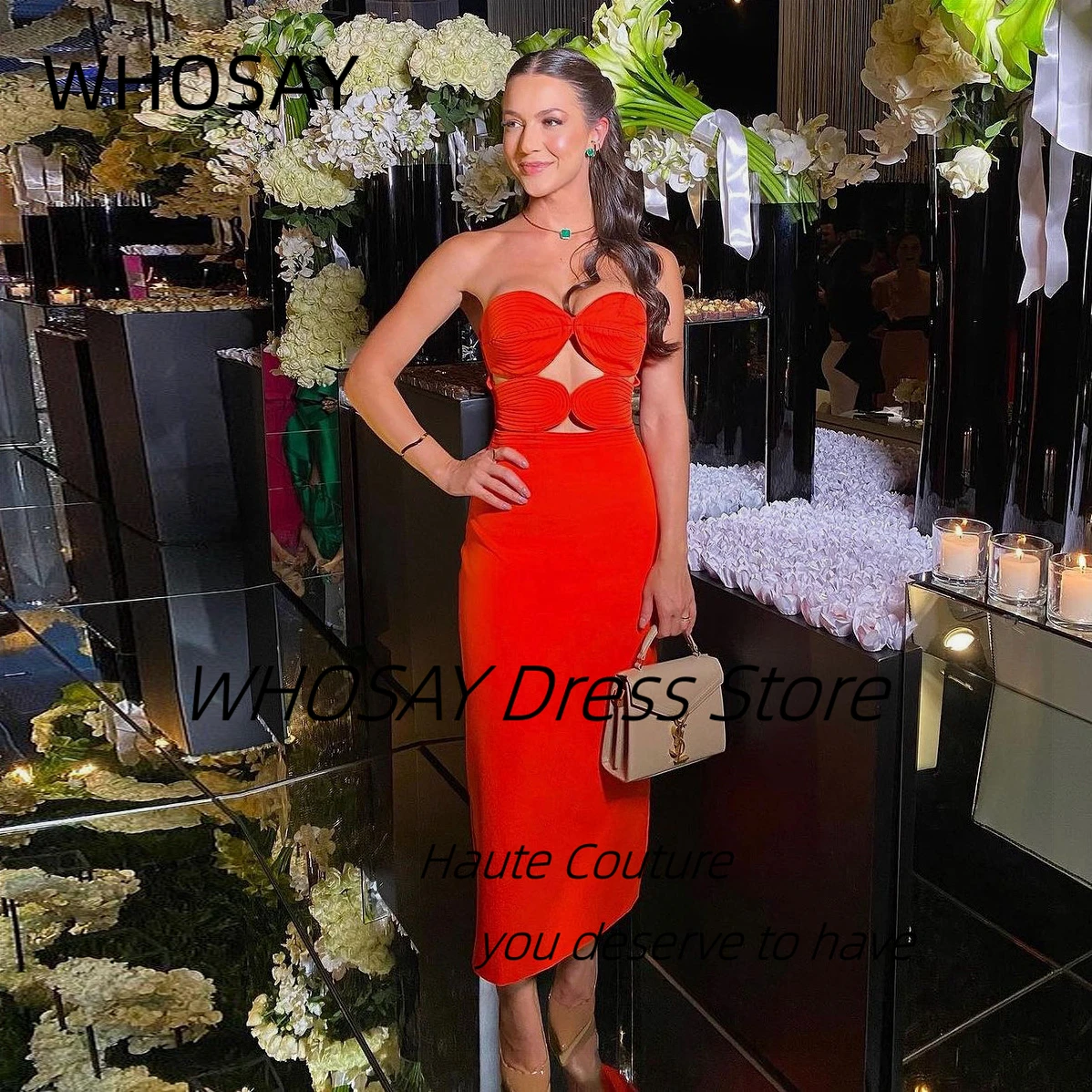 

WHOSAY Sexy Sweetheart Prom Dresses Sexy Back Slit Robe Des Cocktail Dress Tea Length Special Party Evening Gowns