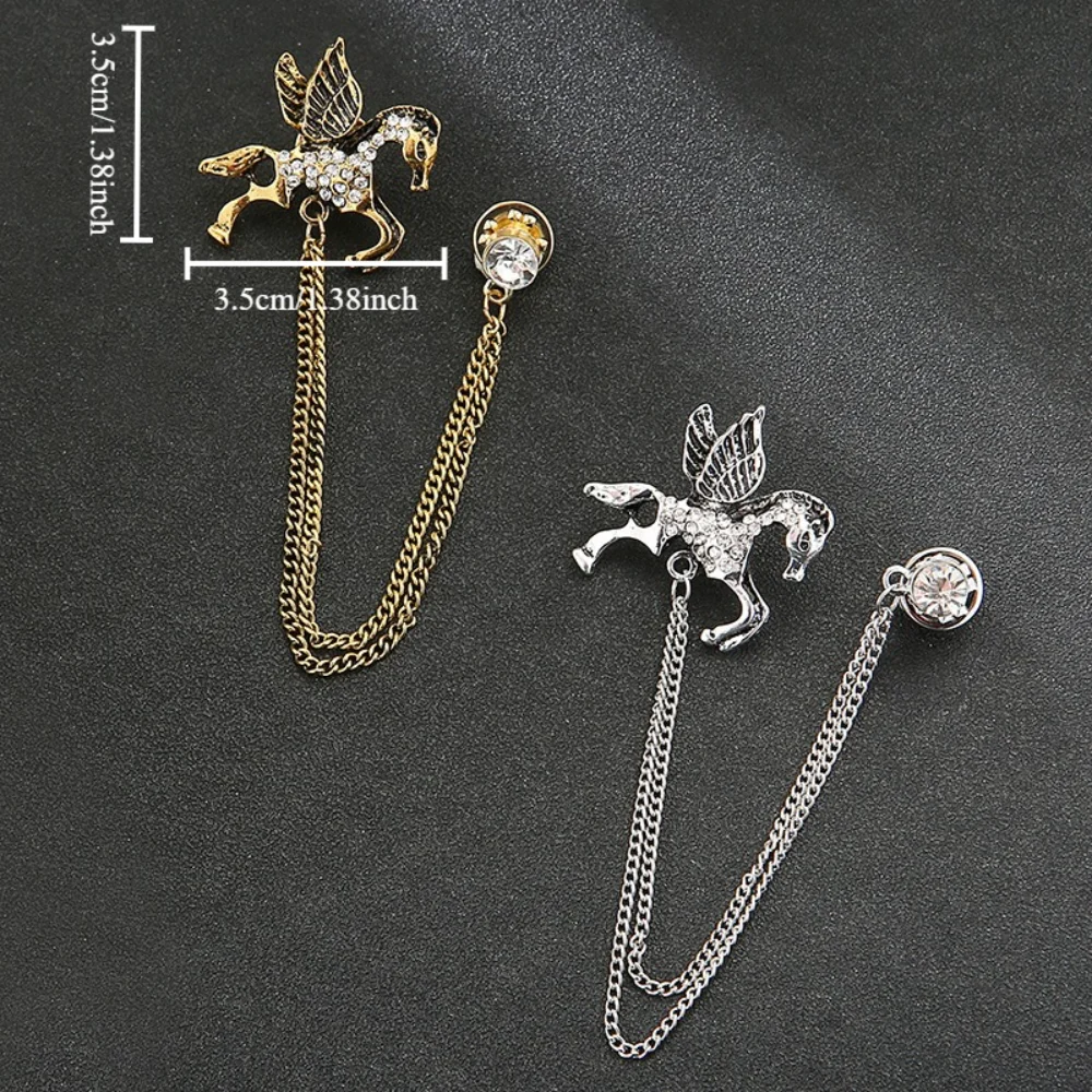 Rhinestone Inlaid with Wings Pony Pin Pegasus Chain Brooch Decorative Niche Accessories for Suit Shirts