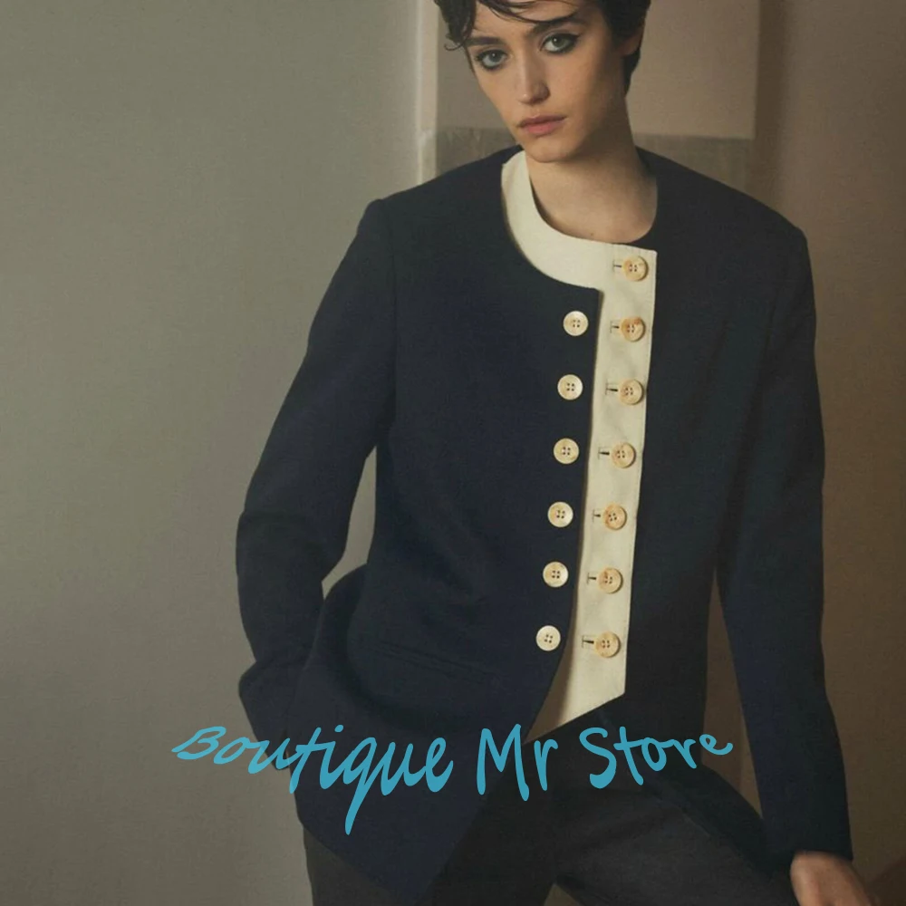 

Темно-синяя женская одежда с круглым вырезом, комплект из двух предметов (куртка + брюки), однобортный пиджак, шикарная офисная женская верхняя одежда контрастного цвета