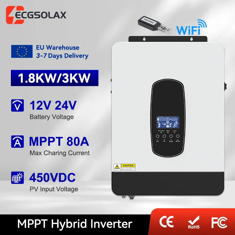 ECGSOLAX 3KW 1.8KW Solar Hybride Omvormer 12V 24V 230Vac Met 80A MPPT Solarlader Off-grid Hybride Solar Omvormer Max PV 450VDC