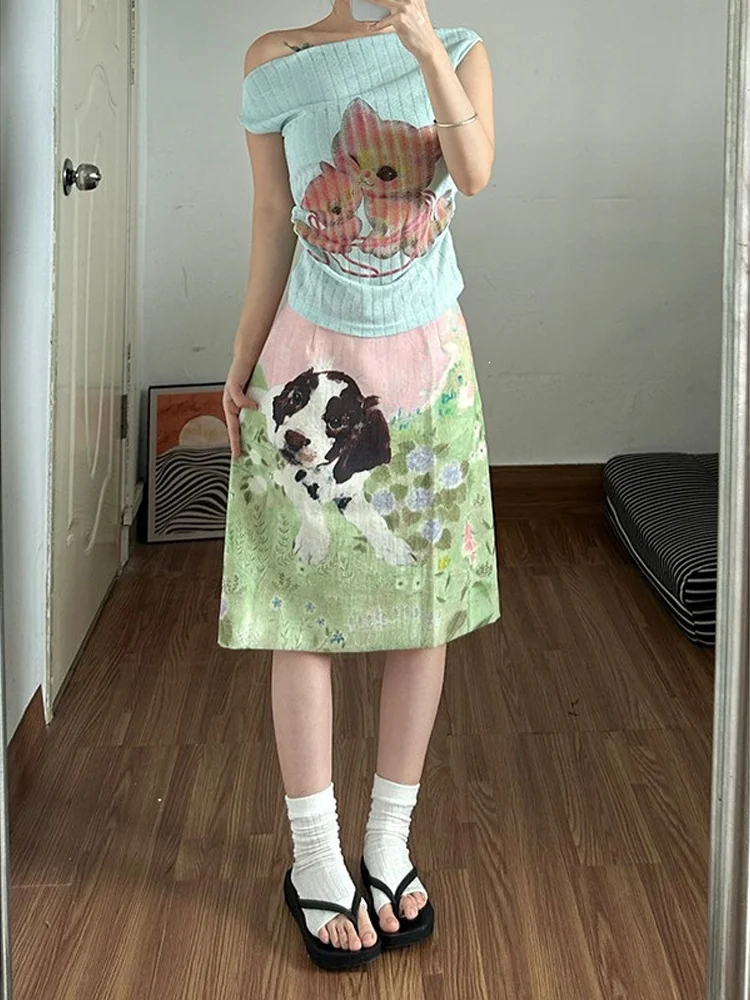 Women Two Piece Set Off Shoulder Ribbed Knit Top Dog Floral Print Midi Skirt Y2K Cottagecore Fairycore Korean Cute Summer Outfit
