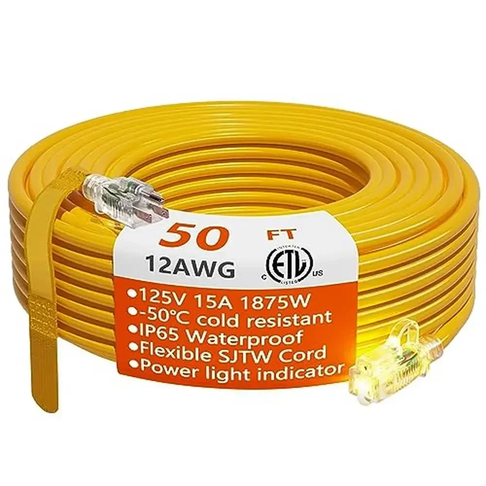 

Heavy Duty 12/3 Gauge Waterproof Extension Cord 50 ft with Lighted End Flame-resistant and Cold-resistant Indoor and Outdoor Use