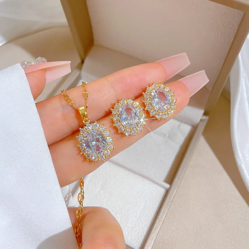 316L Stainless Steel Chian Oval Circular Micro Inlaid Zircon Woman Necklace Bracelet Earrings Jewelry Set